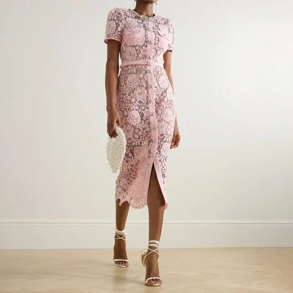 Self-Portrait PINK LACE DIAMANTE BOW MIDI DRESS Size 8 NWT. - Picture 3 of 7